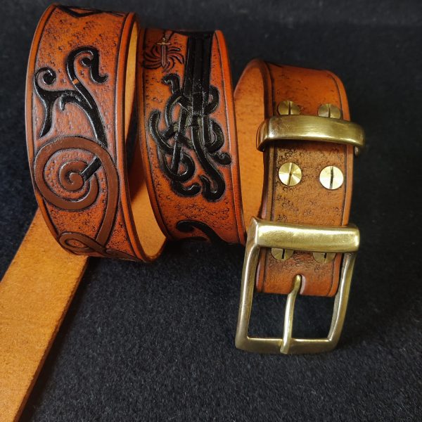 Tooled Leather Belt Fenrir Tyr Design - Image 3